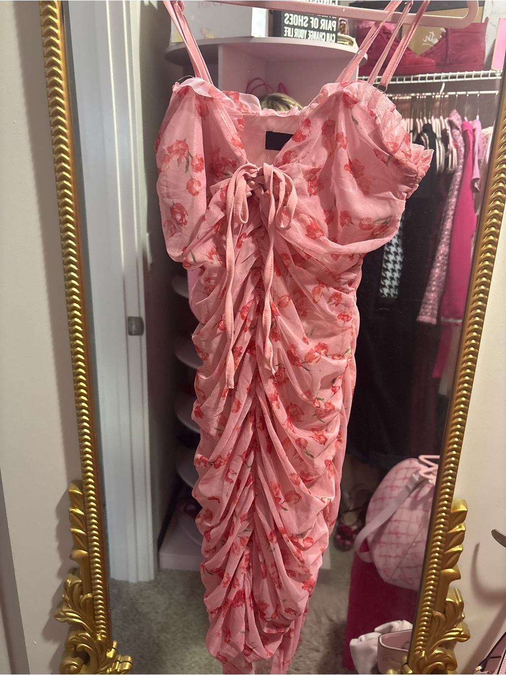 Pink Floral Ruched Midi Dress